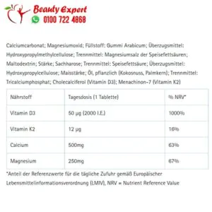 Magnesium Calcium K + D tablets (40 pieces) 73.2 g 1 مكونات دواء المغنيسيوم والكالسيوم 40 قرص tetesept Magnesium Calcium 500 Vitamin K2 + D3